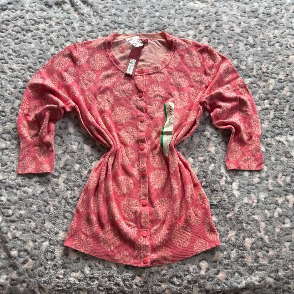 Merona Pink and White Floral Dandelion Pattern Button-Front Cardigan Sweater Med